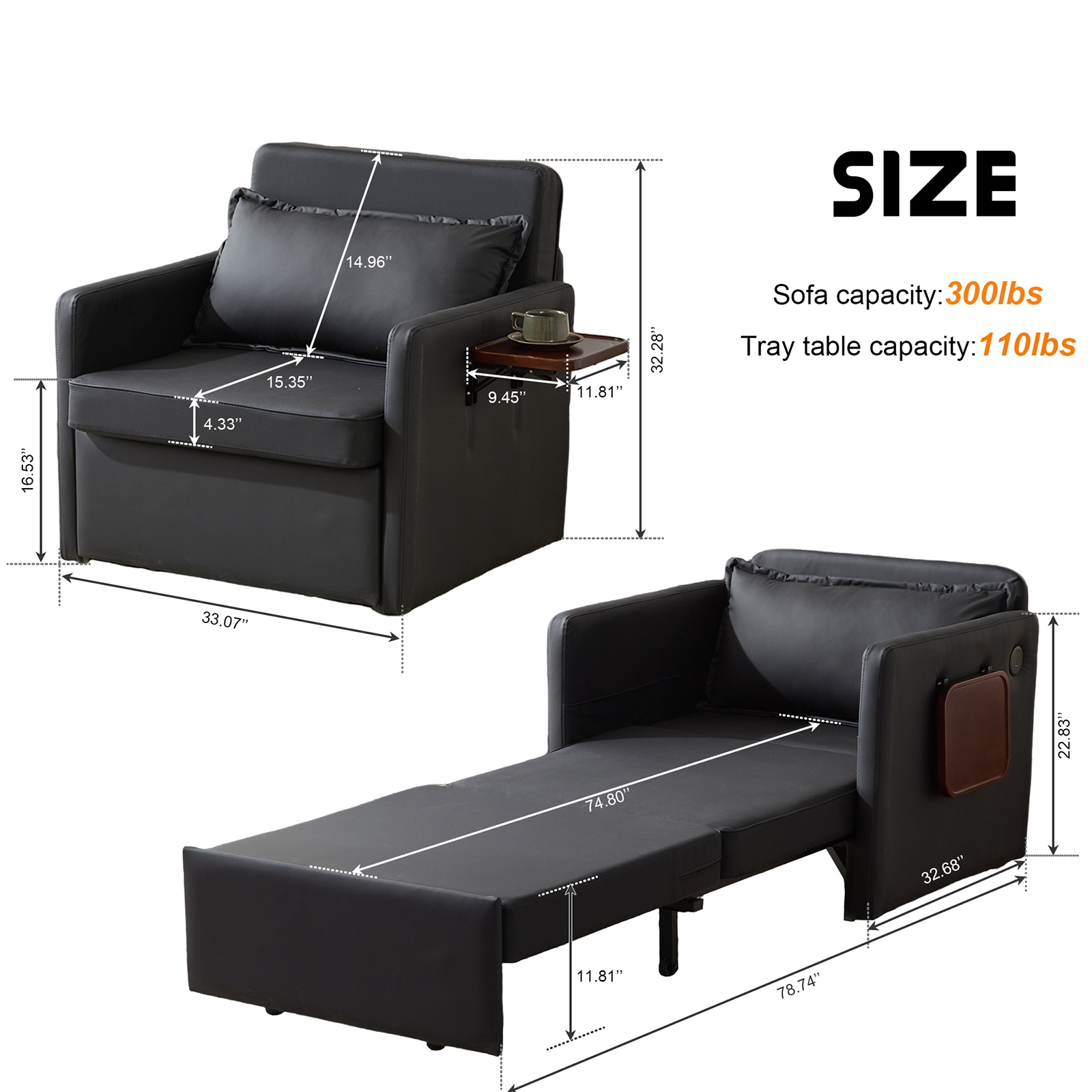 Sleeper Chair Bed, 3-in-1 Convertible Sofa Bed Pull-out Sofa Bed, Convenient Folding Tray Table With USB And Type-C Charging Ports,BLACK,Leather_voghion.com